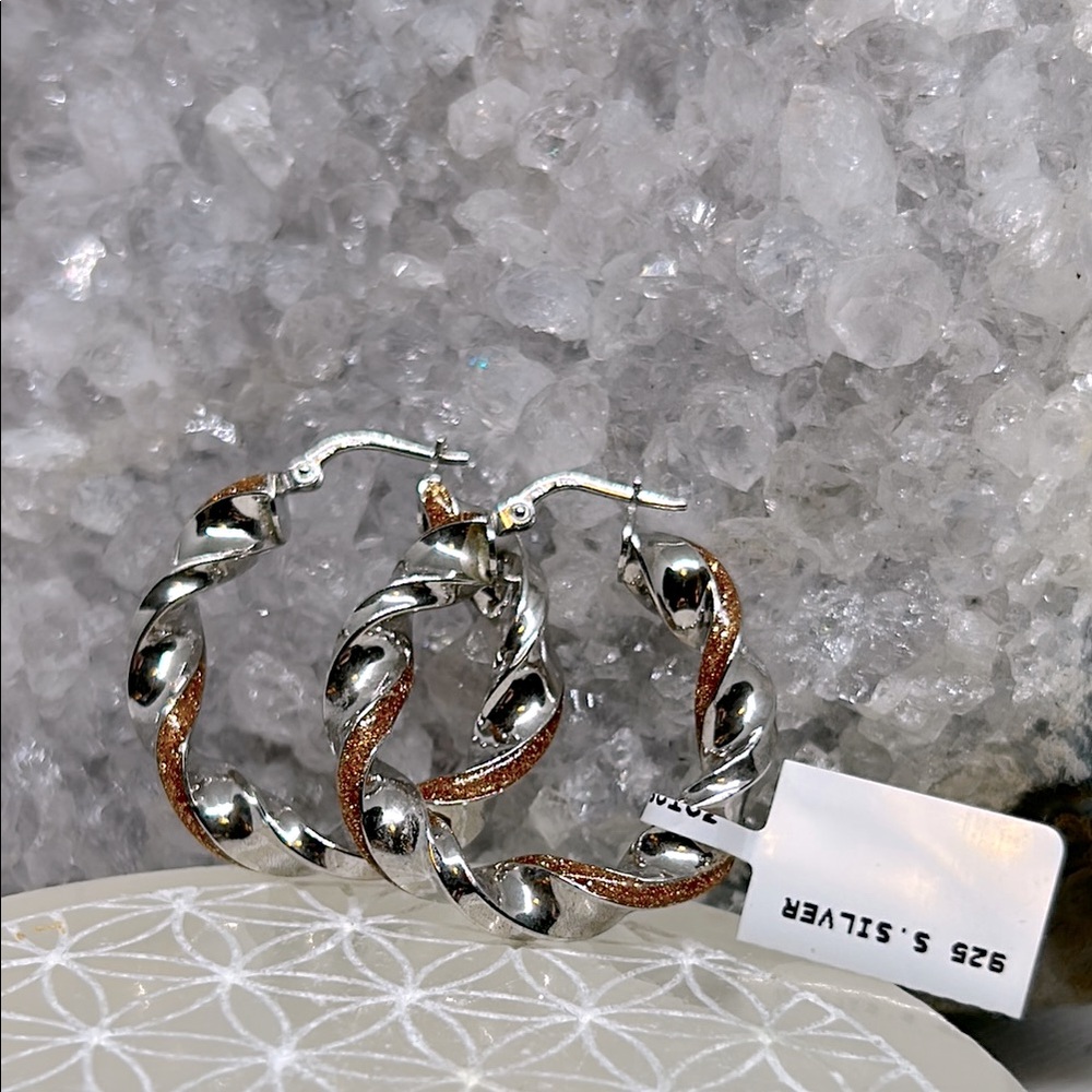 Sterling Silver and Rose Gold Enamel Twisted Hoop Earrings